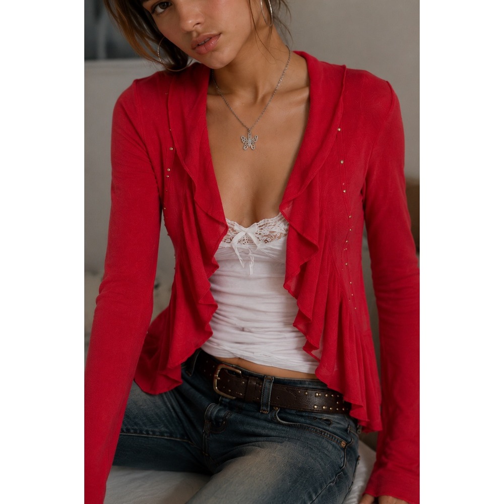Cache Y2K Cardigan Womens Small Pink Ruffle Front Studded Long Sleeve Knit